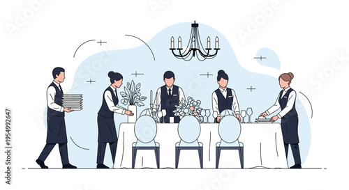 Professional restaurant staff and waiters setting up a large banquet table with dishes and flowers under a chandelier.