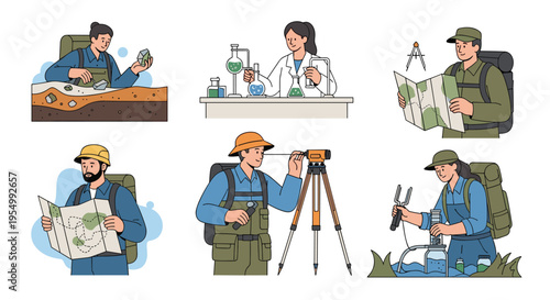 Set of diverse professional scientists and researchers performing tasks like surveying, lab work, and geological study.