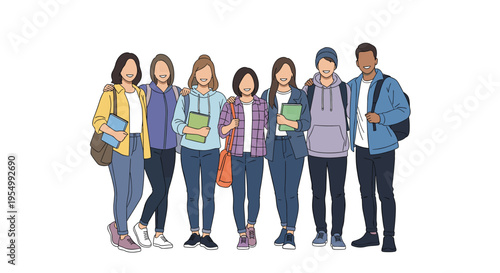 Group of diverse smiling college students standing together with books and backpacks against a clean white background.