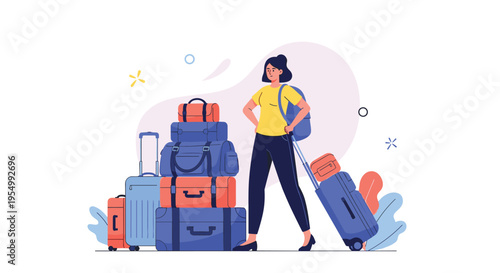 Young woman standing next to a large pile of stacked suitcases and travel bags looking ready for her vacation journey.