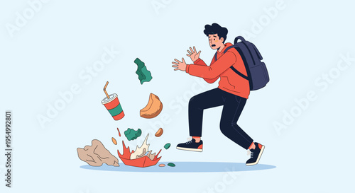 Young man with a backpack tripping and dropping his food, drink, and belongings in a messy and clumsy accident.