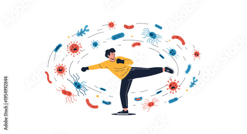 Man in a defensive pose fighting off various floating bacteria and virus icons representing immunity and health protection.