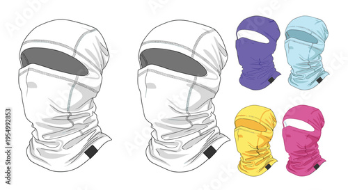 Multiple designs and color variations of balaclava or neck gaiter face masks for sports and outdoor protection.