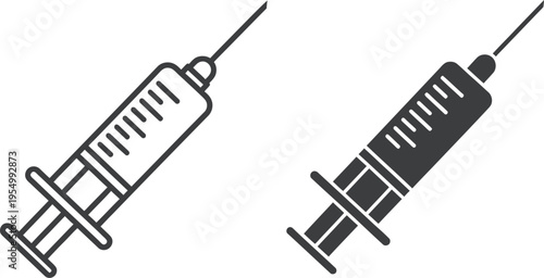 Medical syringe icon is presented in both a detailed outline style and a solid filled version for injection concepts.