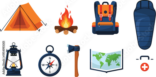 Camping and outdoor adventure icons set featuring orange tent campfire backpack sleeping bag lantern compass map and first aid kit for wilderness travel vector illustration.