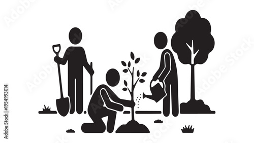 Group of volunteers planting young trees for reforestation and environmental conservation, flat black icon style.