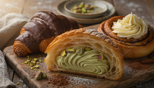Delicious pistachio cream filled croissant with chocolate glazed pastry