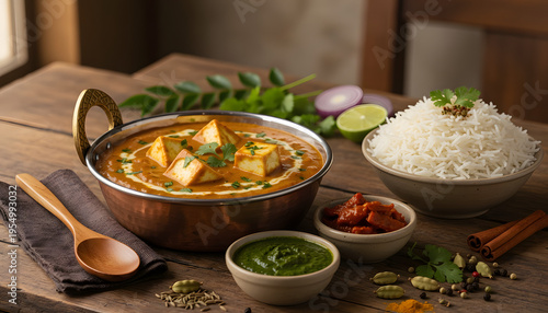 Gourmet cottage cheese curry in a copper bowl with oriental spices
