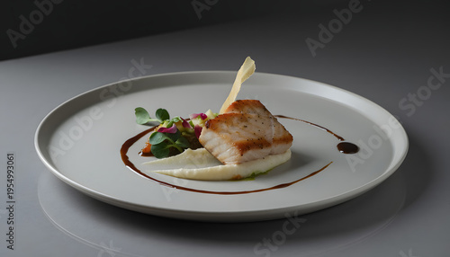 Gourmet grilled fish fillet served with mashed potatoes and balsamic glaze