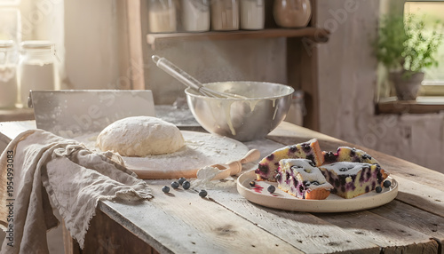 Homemade bakery scene with flour, mixing bowl, and blueberry pound cake