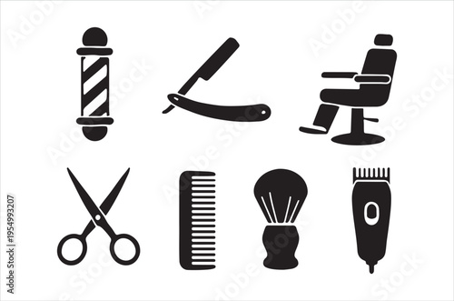 A collection of black silhouette icons representing traditional barber shop tools and equipment