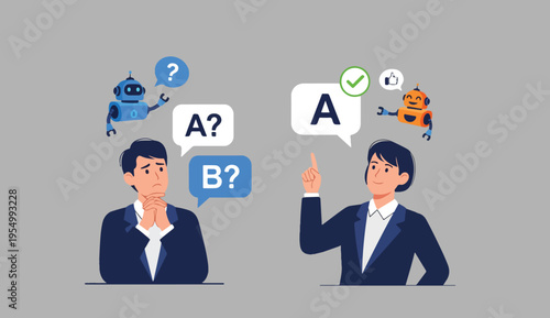 Business people and robots discussing questions and answers