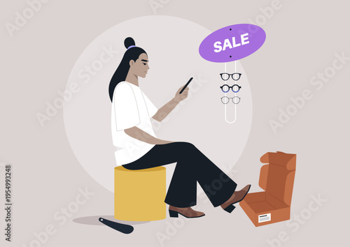 Excitement fills the air as a person tries on stylish shoes at a trendy boutique fitting room