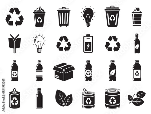 A collection of black icons representing eco friendly and recyclable materials