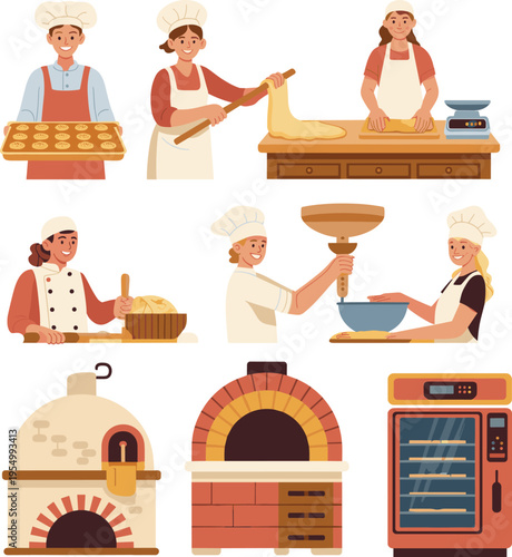 Bakers and pastry chefs vector illustration set with baking process dough preparation oven tools bakery cooking characters flat design