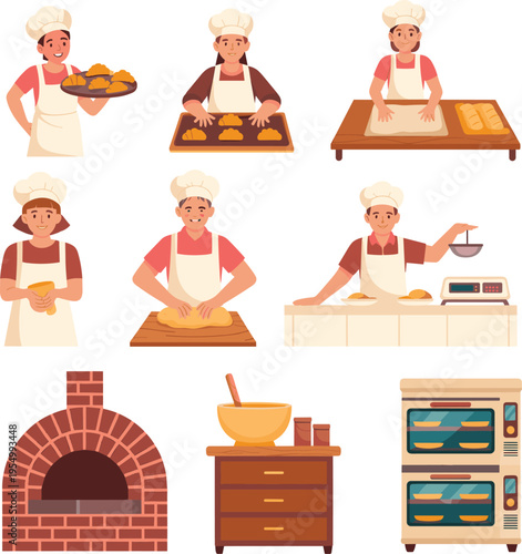 Bakers preparing bread and pastry vector illustration set with dough kneading baking oven tools bakery cooking process characters