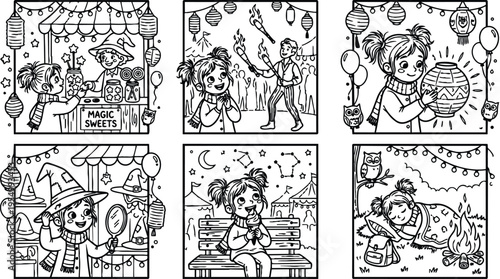 Black and white line art vector scenes of happy little girl with ponytails enjoying magic sweets fire juggling lantern festival nighttime and camping outdoors under stars