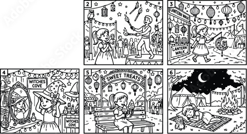 Black and white line art vector set depicting a young girl enjoying a lantern festival with fire juggling candy treats witches cove and nighttime campfire scenes