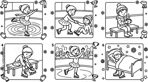 Black and white line art girl figure skating performing on ice rink tying skates drinking hot beverage resting cozy in winter scenes