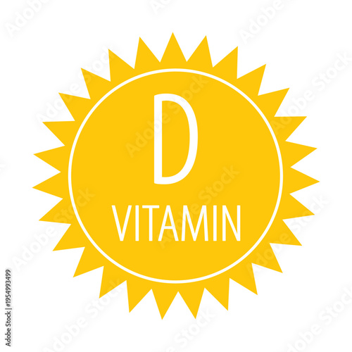 Vitamin D Sun Vector Icon: Sunshine Vitamin Logo for Health and Wellness. Yellow Sun Rays Emblem for Immune System Support, Bone Health, Nutrition, and Dietary Supplements. Flat Medical Illustration.