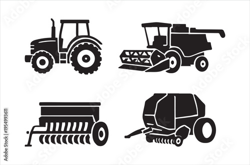 Black and white vector illustration depicting various agricultural machinery including tractors and harvesters
