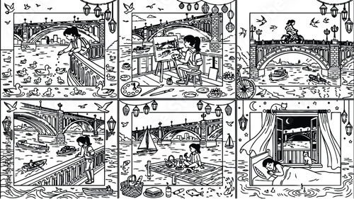Black and white vector line art scenes of a girl feeding ducks painting cycling and having picnic near a city river bridge in calm and peaceful daylight and nighttime settings