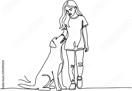 Girl with a dog in continuous line art drawing style. Pet lover black linear sketch isolated on white background. Vector illustration
