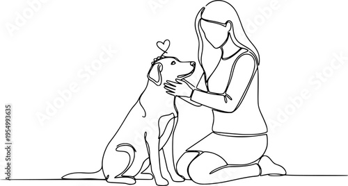 Girl with a dog in continuous line art drawing style. Pet lover black linear sketch isolated on white background. Vector illustration
