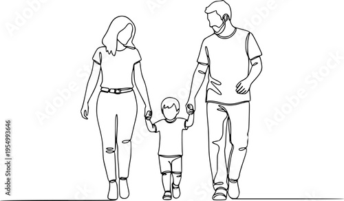 Happy family in continuous line art drawing style. Front view of parents with their little kid holding hands and walking together black linear sketch isolated on white background. Vector illustration