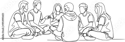 Group of young people sitting on ground together and talking. Friends rest and communicate. Continuous line art drawing style. Minimalist black linear sketch on white background. Vector illustration