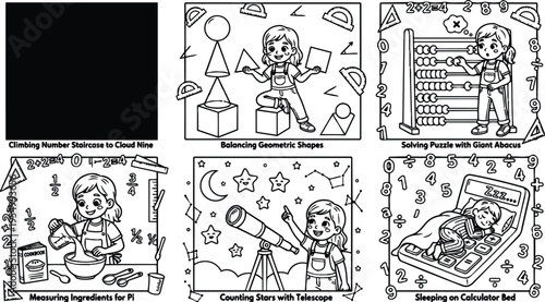 Cute vector art of a little girl balancing geometric shapes solving math puzzles using giant abacus and counting stars with telescope in educational playful scenes