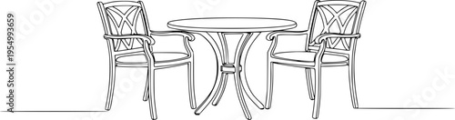 Garden chairs and table in continuous line art drawing style. Classic style dining room furniture black linear sketch isolated on white background. Vector illustration 