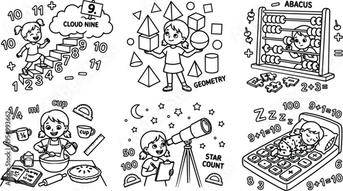 Black and white educational line art children learning numbers geometry cooking star counting and abacus mathematics playful vector illustration