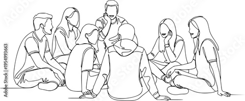 Group of young people sitting on ground together and talking. Friends rest and communicate. Continuous line art drawing style. Minimalist black linear sketch on white background. Vector illustration