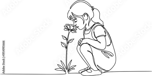 Child smelling flower in continuous line art drawing style. Small girl squatted down to sniff the fragrant flower. Black linear sketch isolated on white background. Vector illustration