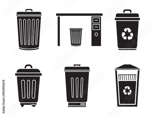 A set of black and white trash cans and recycling bins