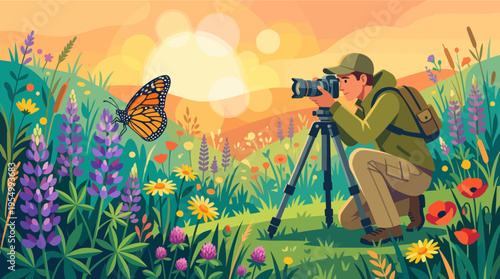 Photographer capturing monarch butterfly at golden hour wildflower meadow