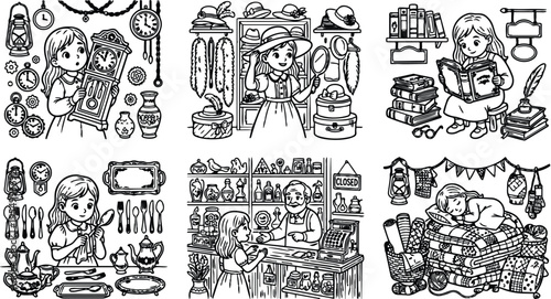 Vintage style charming little girl examining old clock and various antiques in shop reading books and sleeping on quilts cozy lifestyle line art vector collection