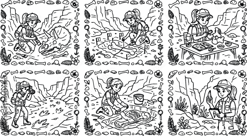 Obraz premium Black and white line art girl paleontologist discovering fossil skull analyzing bone sketching data in outdoor excavation site detailed vector illustration