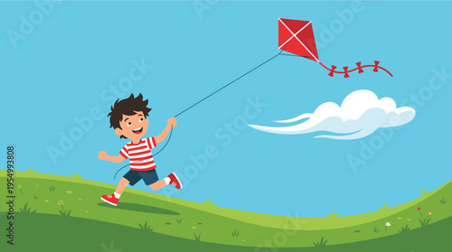 Happy child flying red kite on sunny grassy hill with fluffy clouds