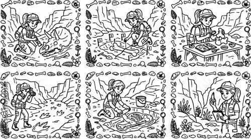 Black and white line art girl paleontologist discovering fossil skull analyzing bone sketching data in outdoor excavation site detailed vector illustration