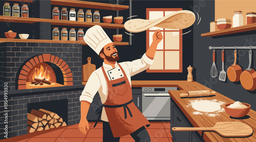 Professional chef tossing pizza dough in rustic brick oven pizzeria kitchen