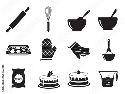 A collection of baking icons including utensils and desserts