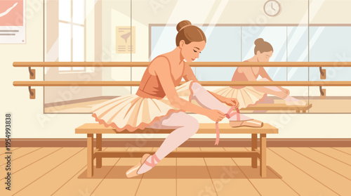 Young ballet dancer tying pointe shoes in sunlit studio with wooden barre