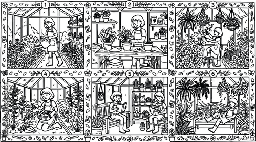 Hand drawn line art vector six frame sequence of woman watering plants potting flowers pruning garden harvesting vegetables and reading plant book inside greenhouse