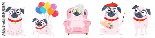 A cute pug showing different emotions and in various situations. An artist dog, relaxing at a spa and floating on balloons. A collection of flat vector illustrations . Vector illustration
