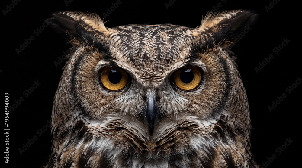 Obraz premium Close-up portrait of a majestic owl, showcasing its intense gaze and intricate feather details.
