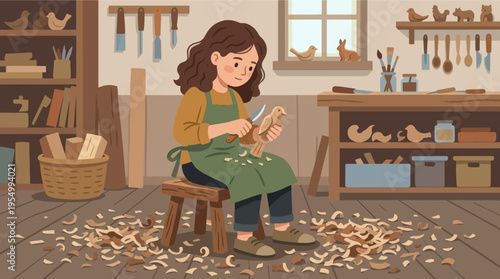 A young girl is sitting on a stool in a woodworking shop carving wood