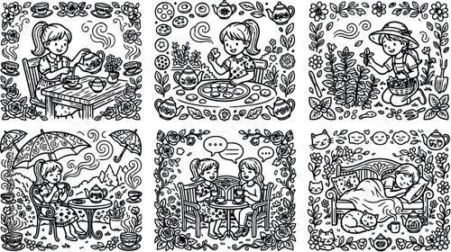 Black and white line art illustrations of girls pouring tea making cookies gardening drinking tea chatting and sleeping with cats in floral frames