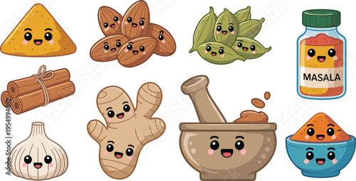 Cute kawaii spice ingredients vector illustration set with smiling garlic ginger cinnamon cardamom masala jar cartoon food characters
